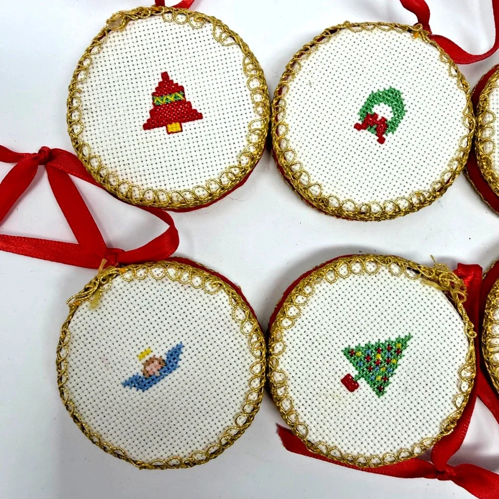 Lot of 6 Vintage Handmade Cross Stitch Christmas Ornaments 2